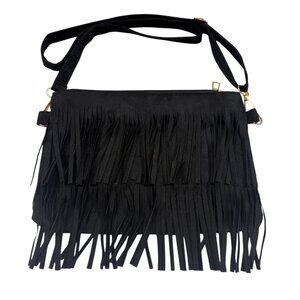 On The Fringe Shoulder/ Two Layer Tassels -Sm Crossbody Bag- Black - 70's - NWT